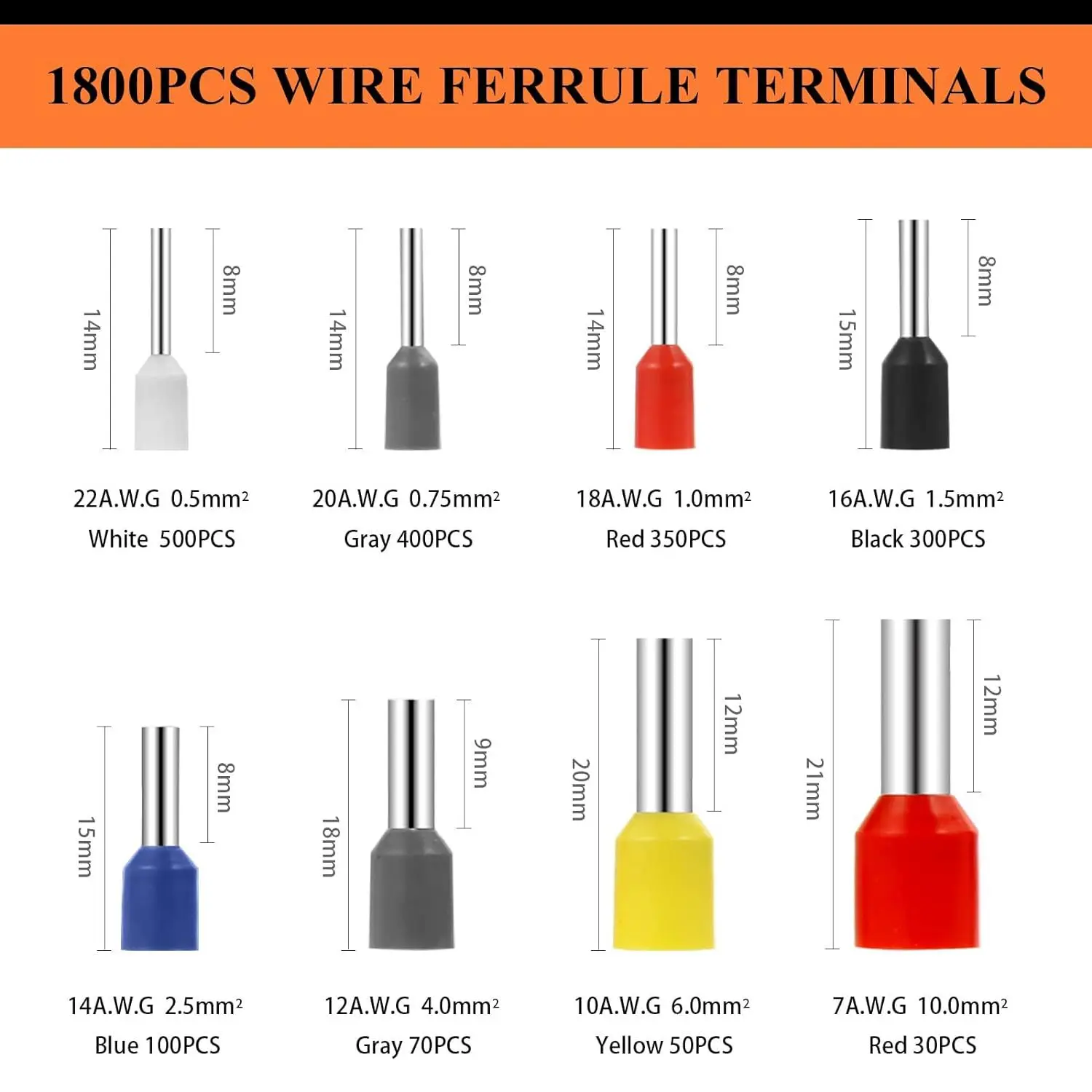 1800pcs Insulated Ferrules Terminal Block Cord End Wire Connector Electrical Crimp Terminator Cold Pressed Terminal