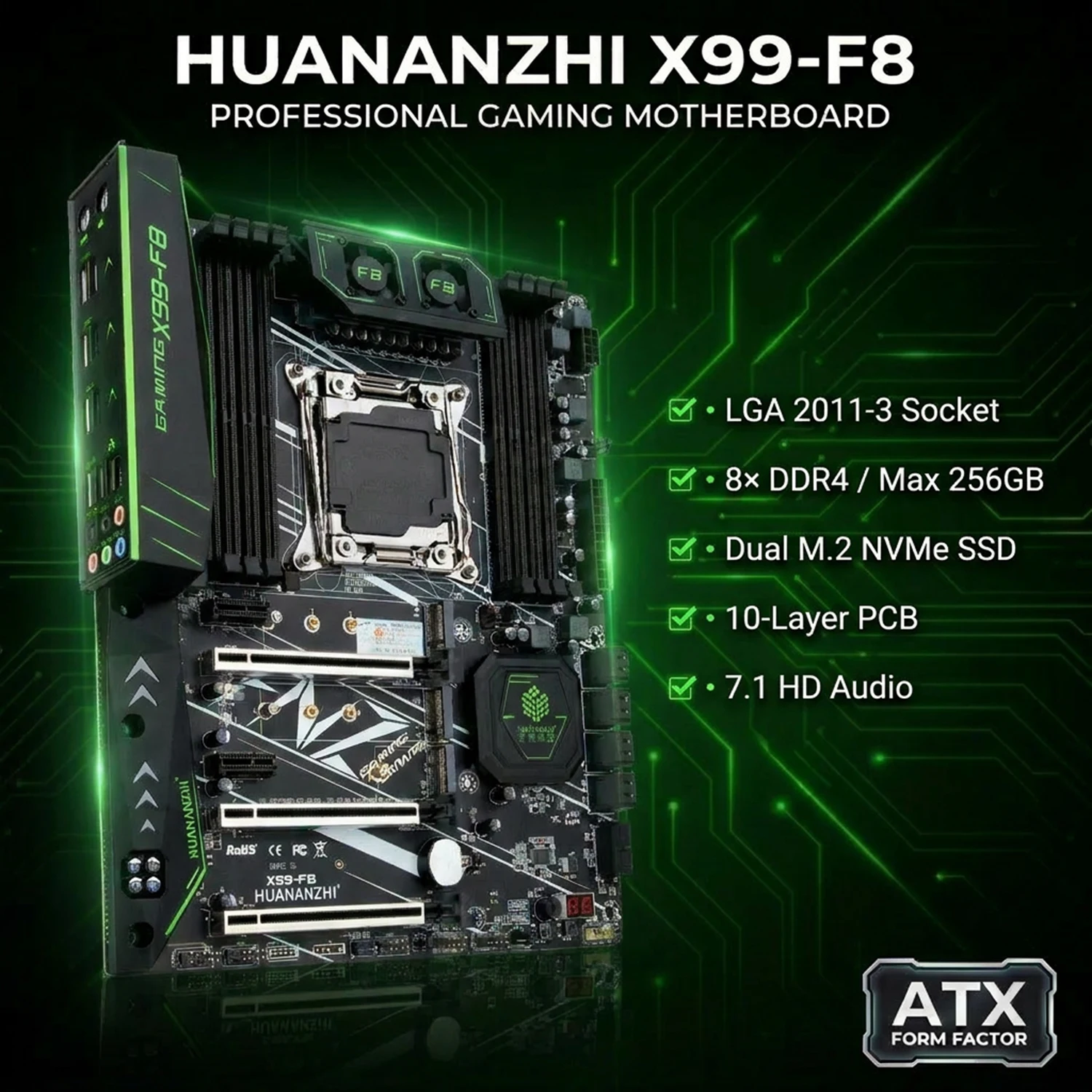Placa base HUANANZHI X99 F8 Intel LGA2011-3 8-CH DDR4 SATA3.0 DDR4 diseño de Panel de E/S integrado placa base de 2400-1866MHz