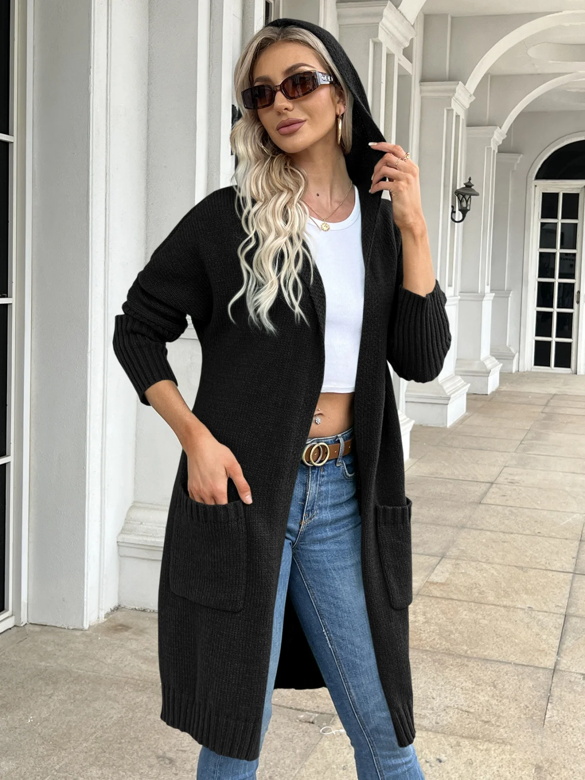 Hooded Open Front Long Cardigan Women Black Knitted Outerwears Tops Long Sleeve Pockets Sweaters Casual Loose Fashion Streetwear