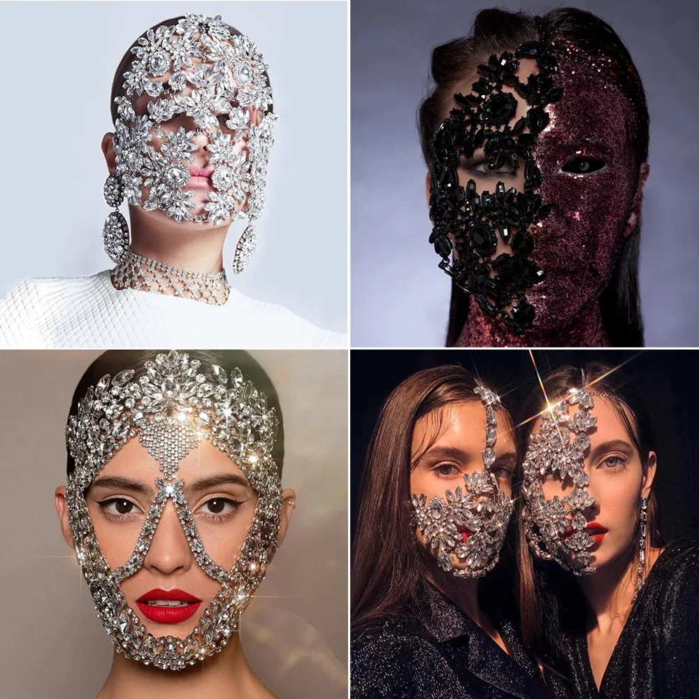 Trendy Hyperbole Rhinestone Masquerade Mask Decoration Cover Face Eyes Mask Jewelry for Women Prom Show Party Crystal Accessorie