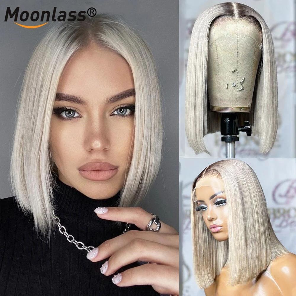 

Short Bob Remy Human Hair Lace Frontal Wigs Preplucked Ombre Pearl Platinum Blonde Transparent Pixie Cut 13X4 Lace Front Wig