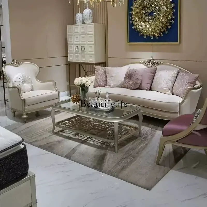 

09z.French light luxury solid wood three-person sofa luxury European court style cloth villa