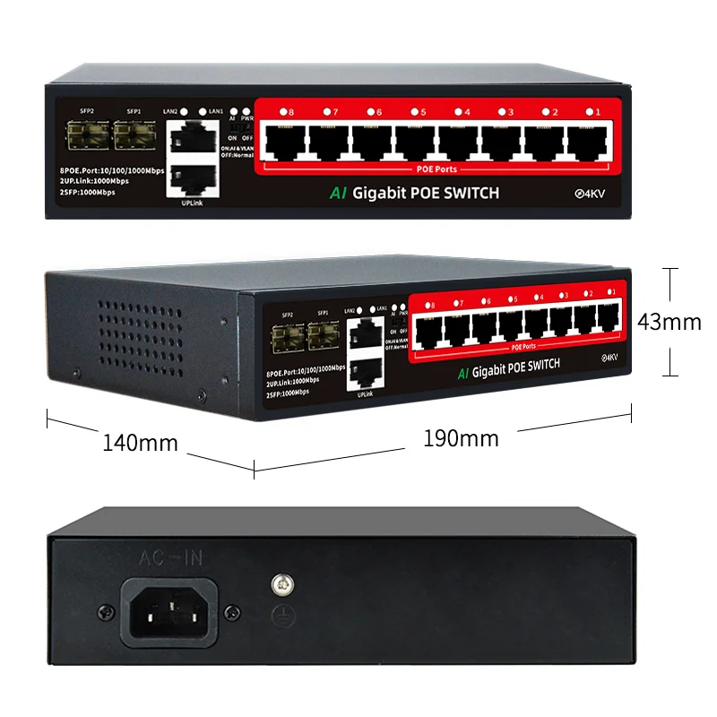 STEAMEMO-conmutador PoE de 8 puertos Gigabit completo, 48V de potencia integrada, 120W, Ethernet, red para cámara IP y AP inalámbrico