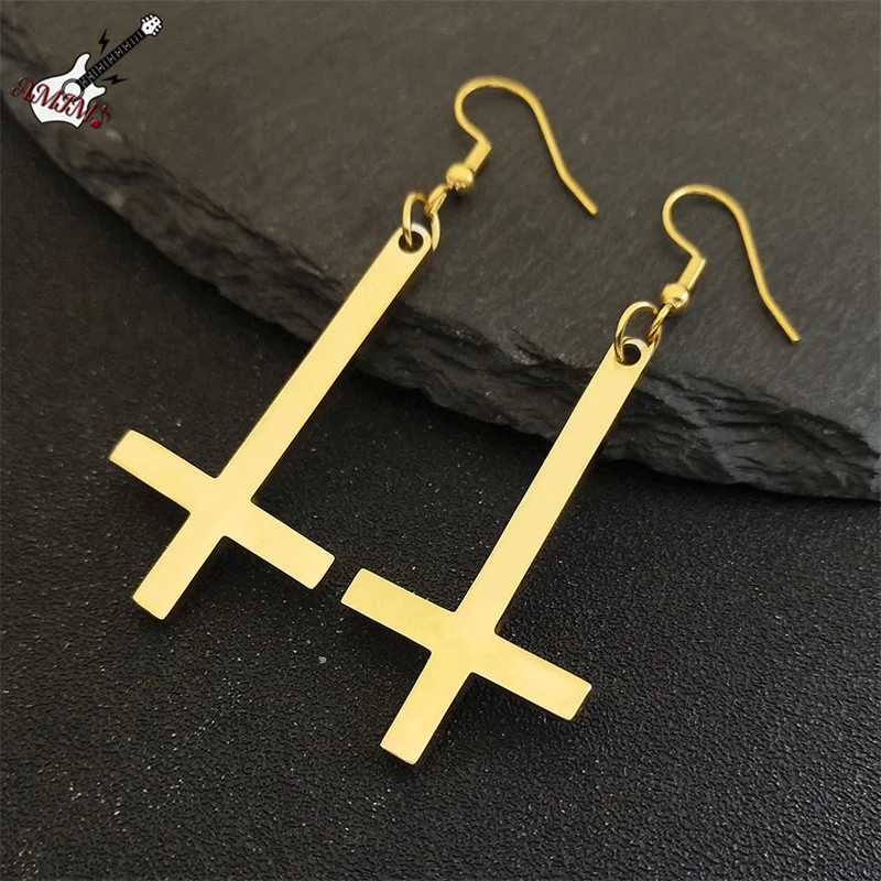 Stainless Steel Gothic Upside Down Cross Drop Earrings Punk Inverted Cross Earring Goth Jewelry Pendientes Mujer E8374S06