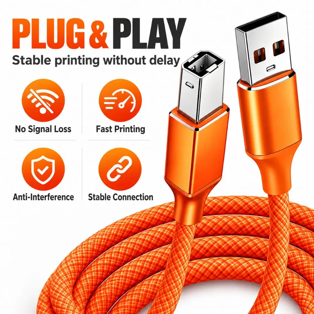 USB 2.0 USB Printer Cable 480Mbps Nylon Braided Printer Sync Lead Wide Compatibility Plug And Play Scanner Connection Cable