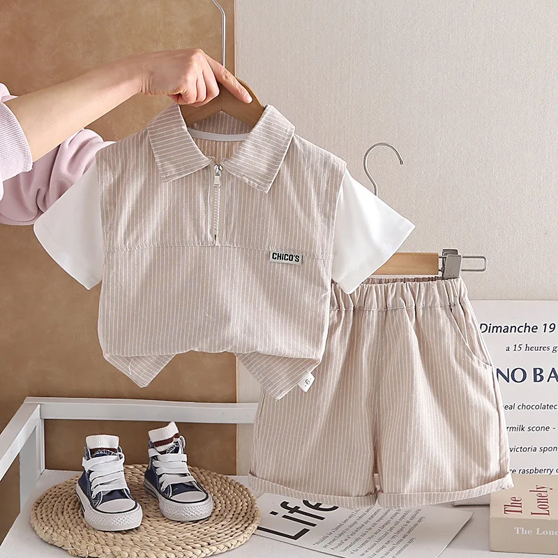 0-5歳ベビー男の子夏服縦縞ラペルハーフジッパー半袖tシャツとショートパンツ2ピース男の子用アウトフィットセット
