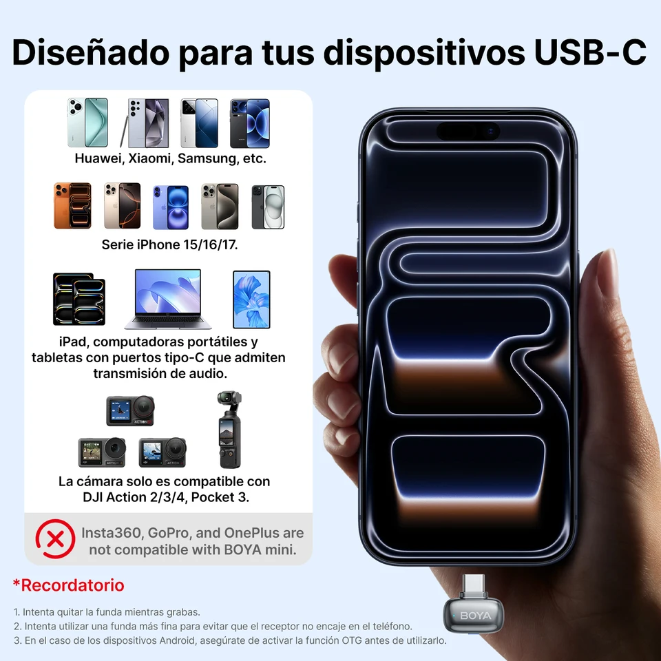 Micrófono de solapa inalámbrico BOYA Mini 2 para Type-C iPhone sin estuche, cancelación de ruido IA para vlogging, transmisión en vivo, entrevistas, grabación 6