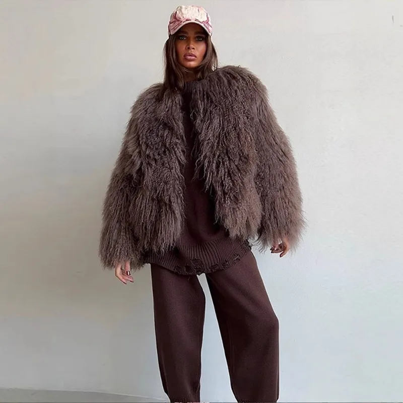 Women Shaggy Faux Fur Jacket Open Front Cropped Fluffy Long Sleeve Coat Solid Color Luxury Streetwear Winter Outerwear