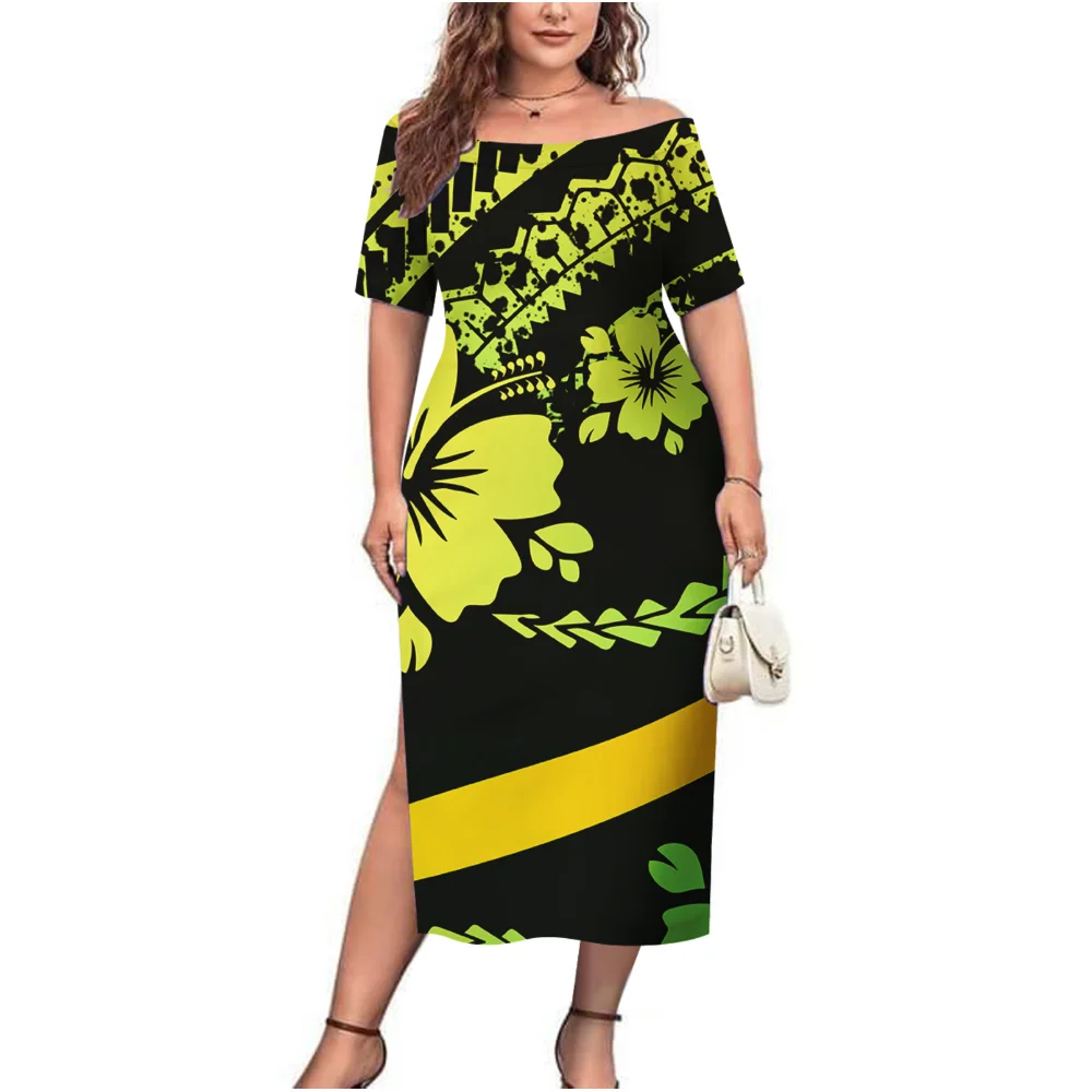 

Polynesian High-Definition Printed Custom Pattern Women'S Round-Neck Slit Dress Samoan Party Slim-Fit Long Dress