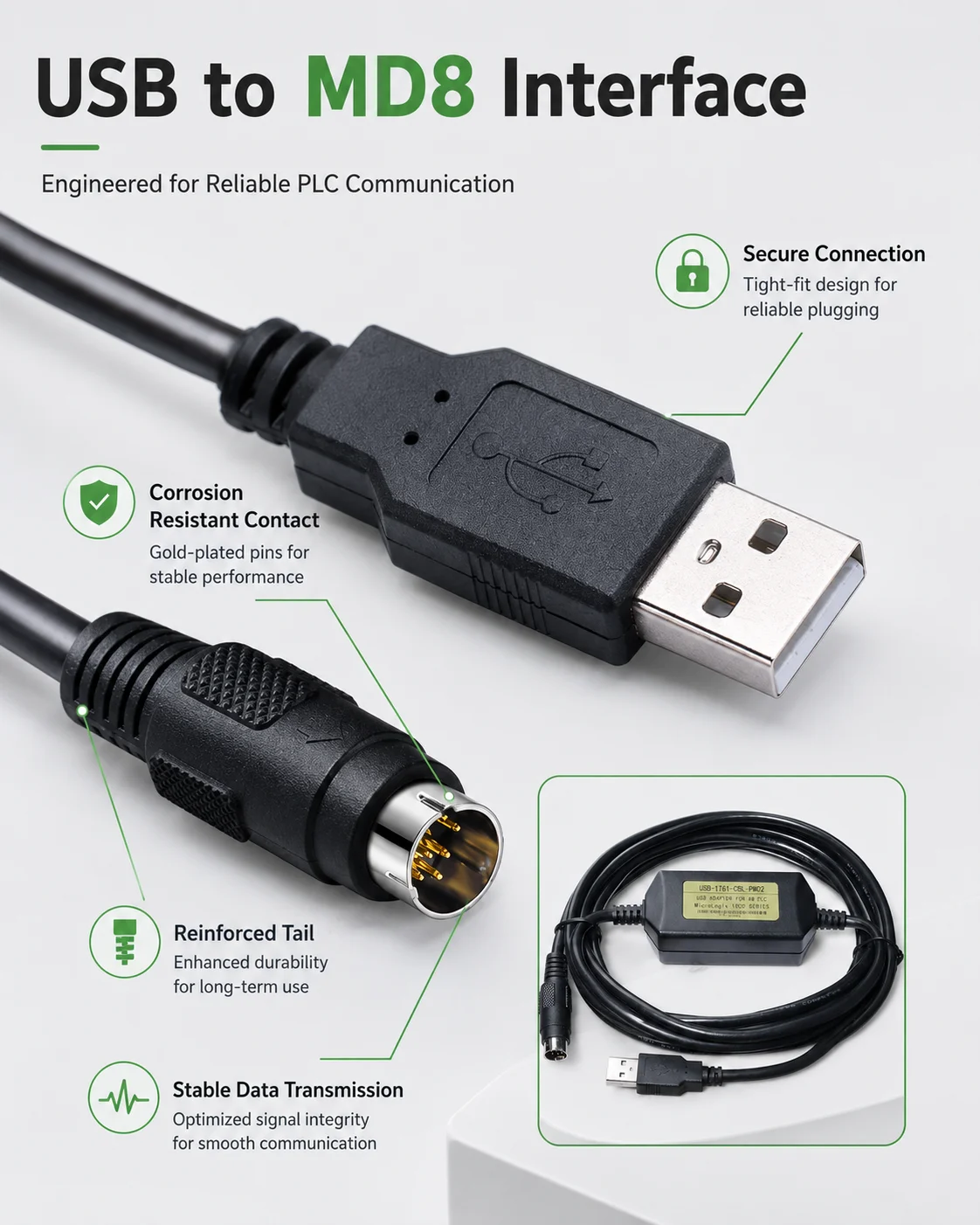 USB-1761-CBL-PM02 3M PLC Programming Cable, CH340 USB to MD8 Data Adapter for AB MicroLogix 1000 1200 1400