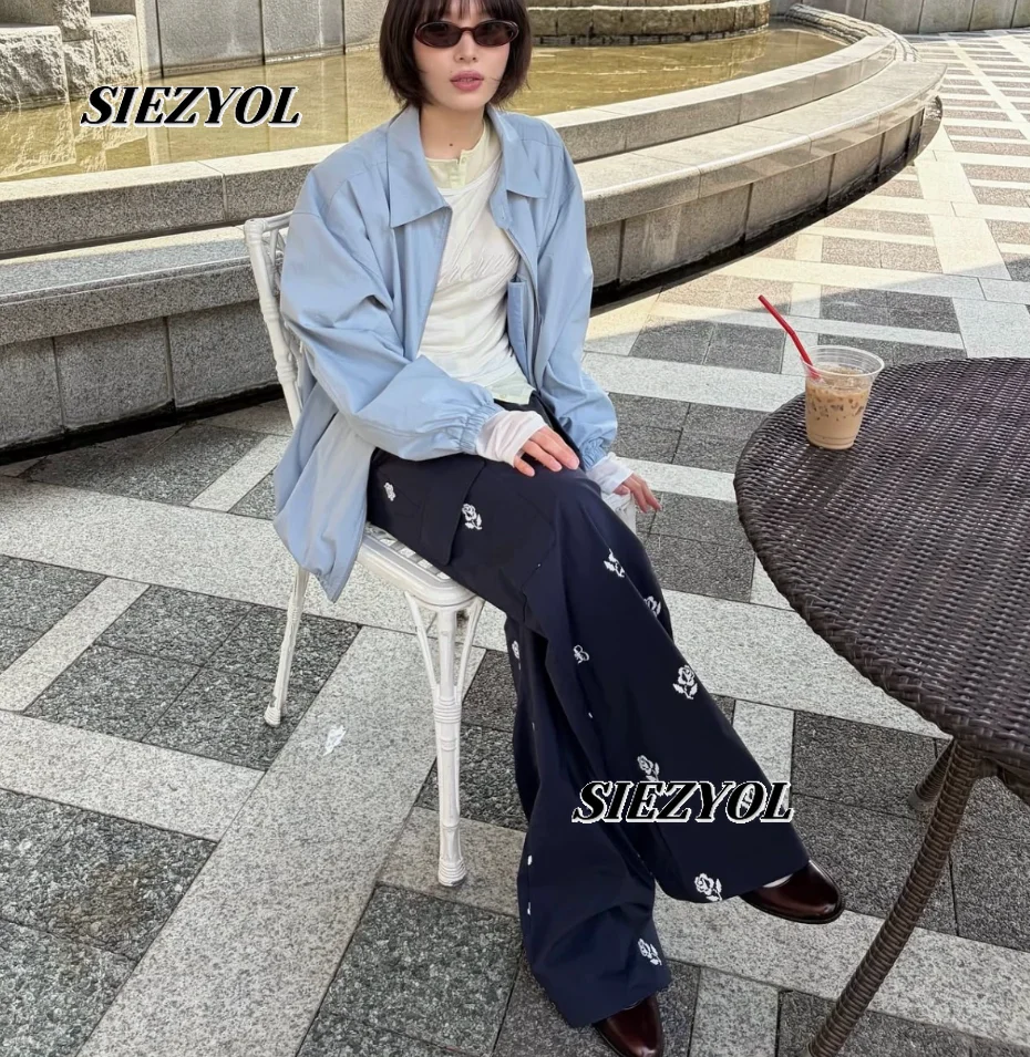 Japanese Rose-printed Tooling Wide-leg Pants Side Pocket Drawstring Design Sweet Cool High-waisted Navy Blue Straight Trousers
