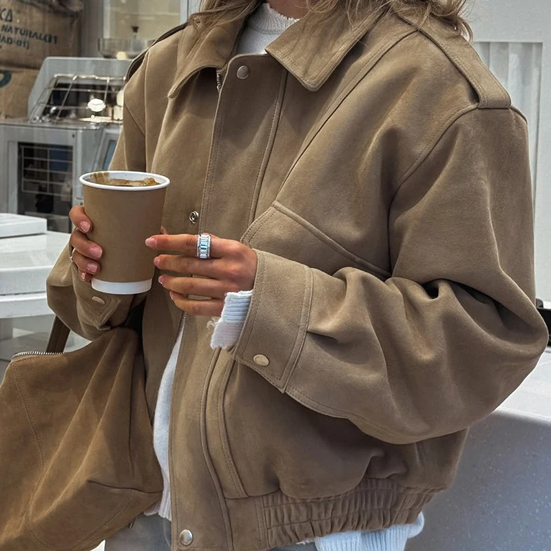 

Retro Solid Suede Bomber Jacket Women Street Lapel Single Breasted Full Sleeves Zipper Pockets Coat Female Autumn Casual Outwear