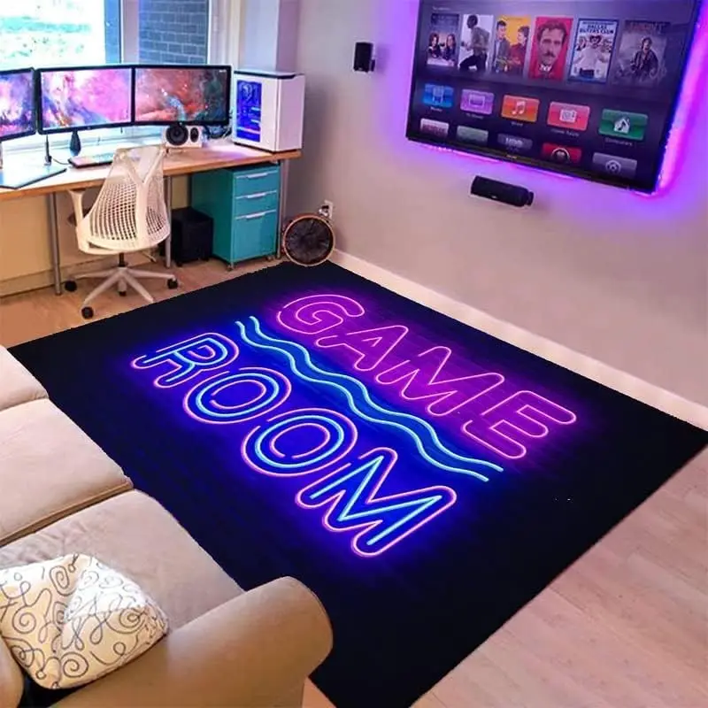 Neon Game Room Doormat, Gamer Entrance Rug, Glowing Text Floor Mat, Non-slip Living Room Carpet, Man Cave Decor