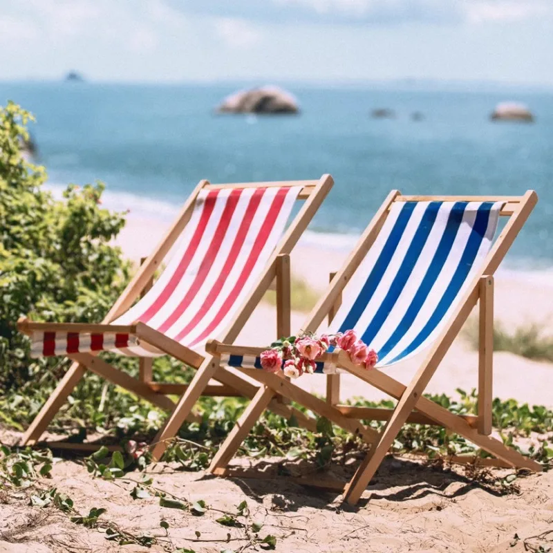 Beach chair folding solid wood canvas lunch break recliner simple outdoor portable escort lazy chair