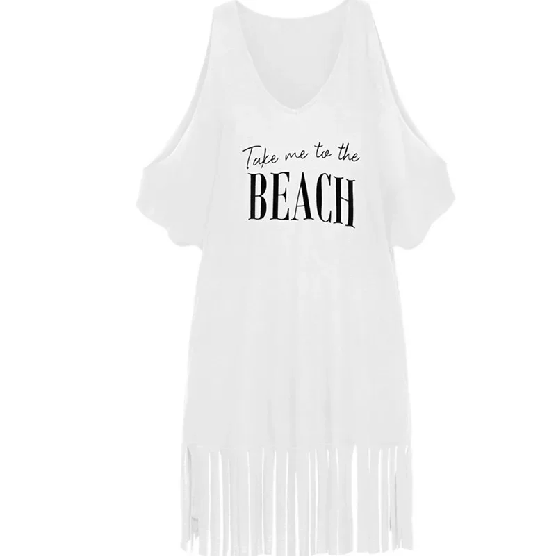 ฤดูร้อนใหม่ชายหาดบิกินี่ผู้หญิงสีขาวปิดไหล่เสื้อหลวมสบายๆ Fringed เสื้อชุดว่ายน้ําหญิง Beachwear