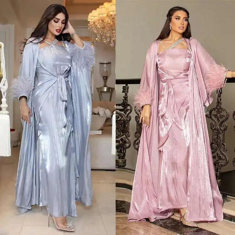 

Mq044 Muslim Women's Feather Diamond Three Piece Dress 2025 Muslim Long Dress Robe Abaya Ramadan Dubai Luxury Islam Elegant