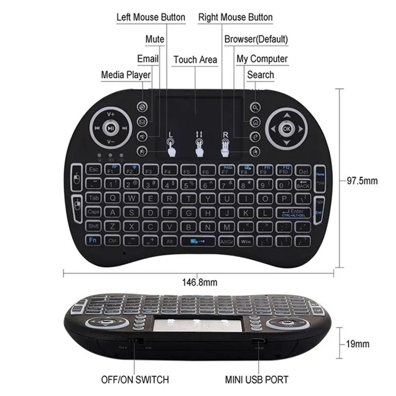 Cool Backlit I8 Mini Wireless Keyboard 2.4GHz Air Mouse Touchpad Handheld for Android TV BOX Mini PC