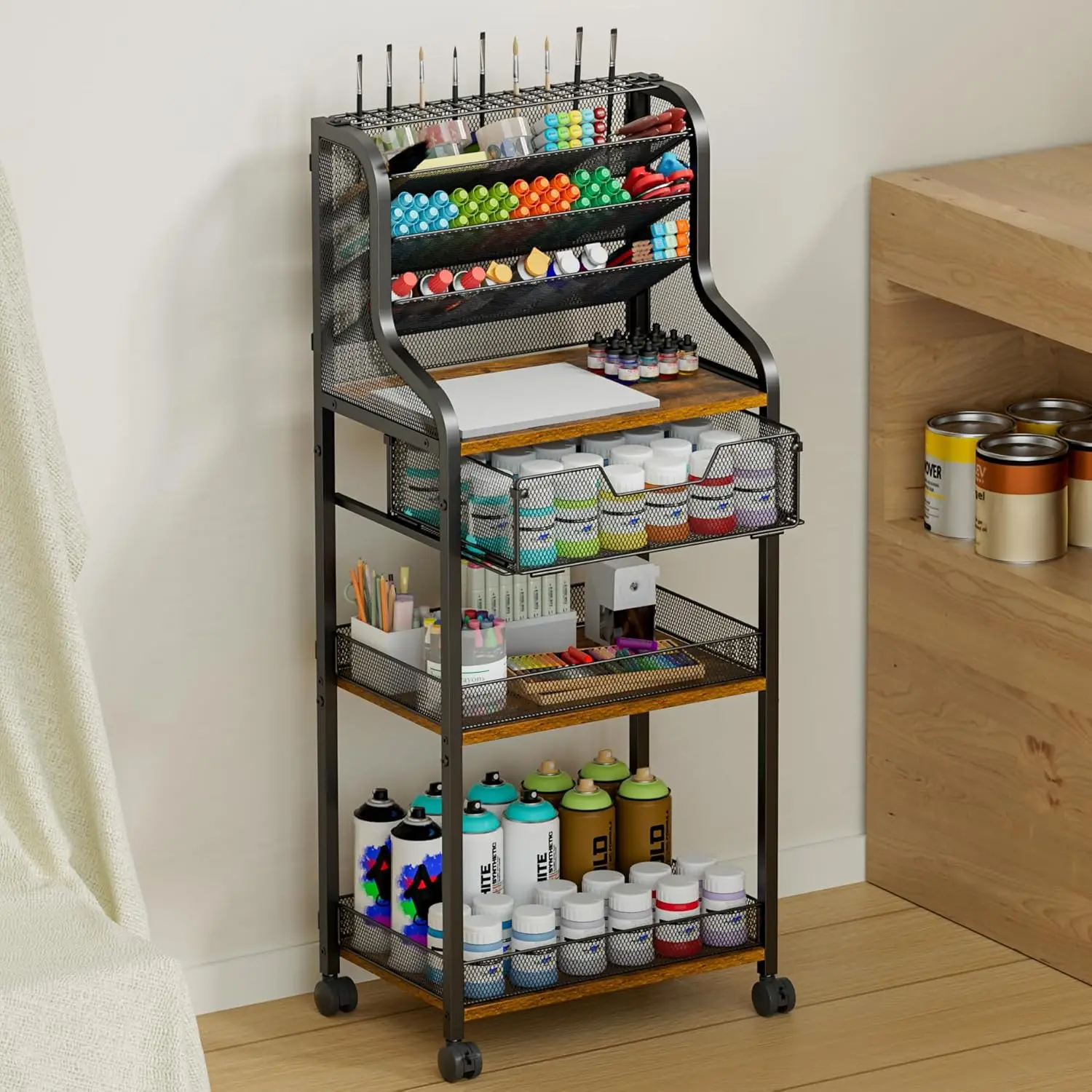 

7-Tier Rolling Utility Cart with Drawer, 40in Tall Metal Craft Storage Organizer with Lockable Wheels for Art Studio