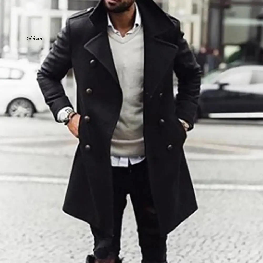 Fashion Men Woolen Coat Winter Double-breasted Black Youth Woolen Coat Male Long Sleeve Lapel Overcoat Cardigan Outwear Tops