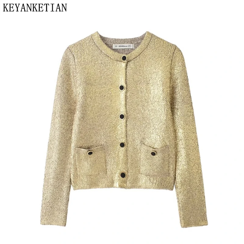 

KEYANKETIAN 2024 Autumn/Winter New Women Gold Coated Knitted Cardigan Street style O-Neck Single Breasted Slim Sweater Crop Top