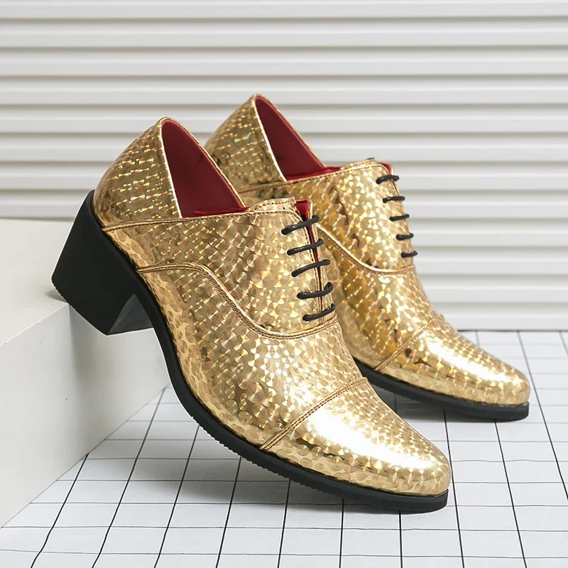 

Punk Style Gold High Heels with Lace Up Oxford Shoes Pointed Business Office Men's Shoes Height Increasing Wedding Leather Shoes