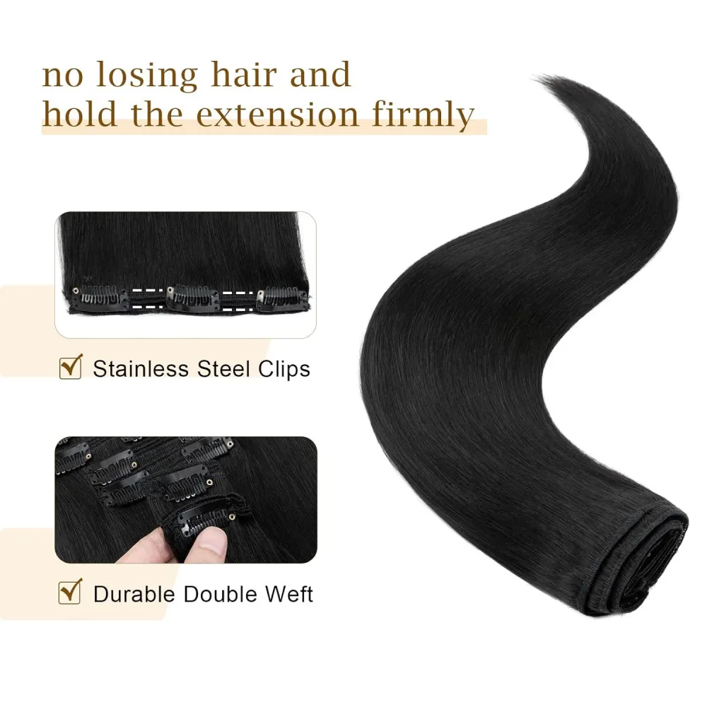 Clipe sem costura em extensões de cabelo, virgem brasileira reta, 100% cabelo humano real, cor preta natural, 16-26 em, 8PCs