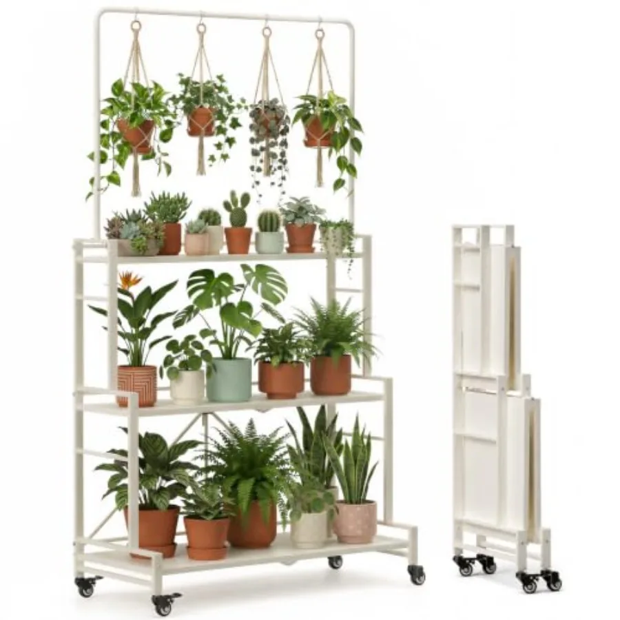 Plant Stand, 4-Tier Foldable Plant Shelf with 3 Shelves and Hanging Rod, Rolling Plant Stand with Wheels, Pre-Assembled Flower