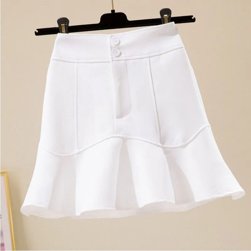 

Юбки женские с высокой талией, однотонные пуговицы, универсальные, милые, свежие, элегантные, офисные, женские, с оборками, летняя мода