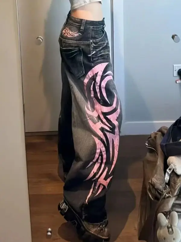 

Vintage Spicy Print Wideleg Jeans Distred Straight Leg Low Waist Trousers for Women Street Sle Asymmetric Polyester Fiber