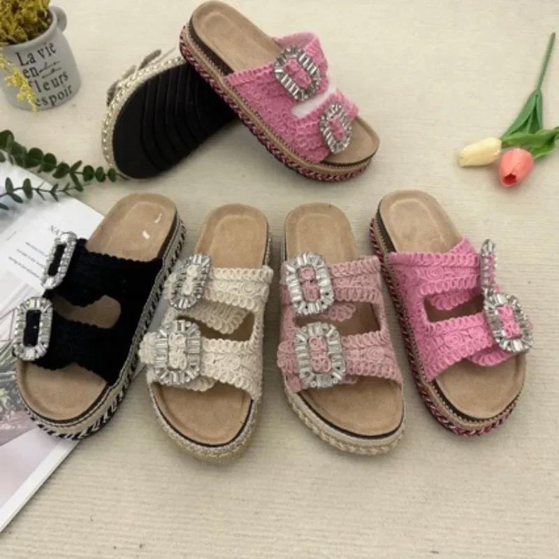 2024  women shoes claquette femme new thick-soled hemp rope double buckle square buckle cork beach slippers plus size