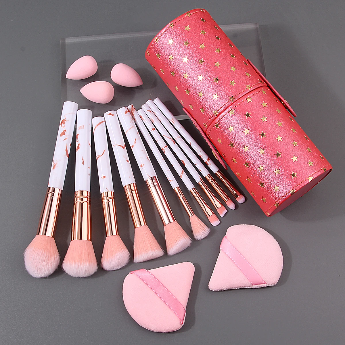 Ensemble de maquillage pour le visage multifonctionnel texturé de marbre, brosse + éponge de maquillage douce, œuf/poudre bouffante + seau de rangement portable, 16 pièces