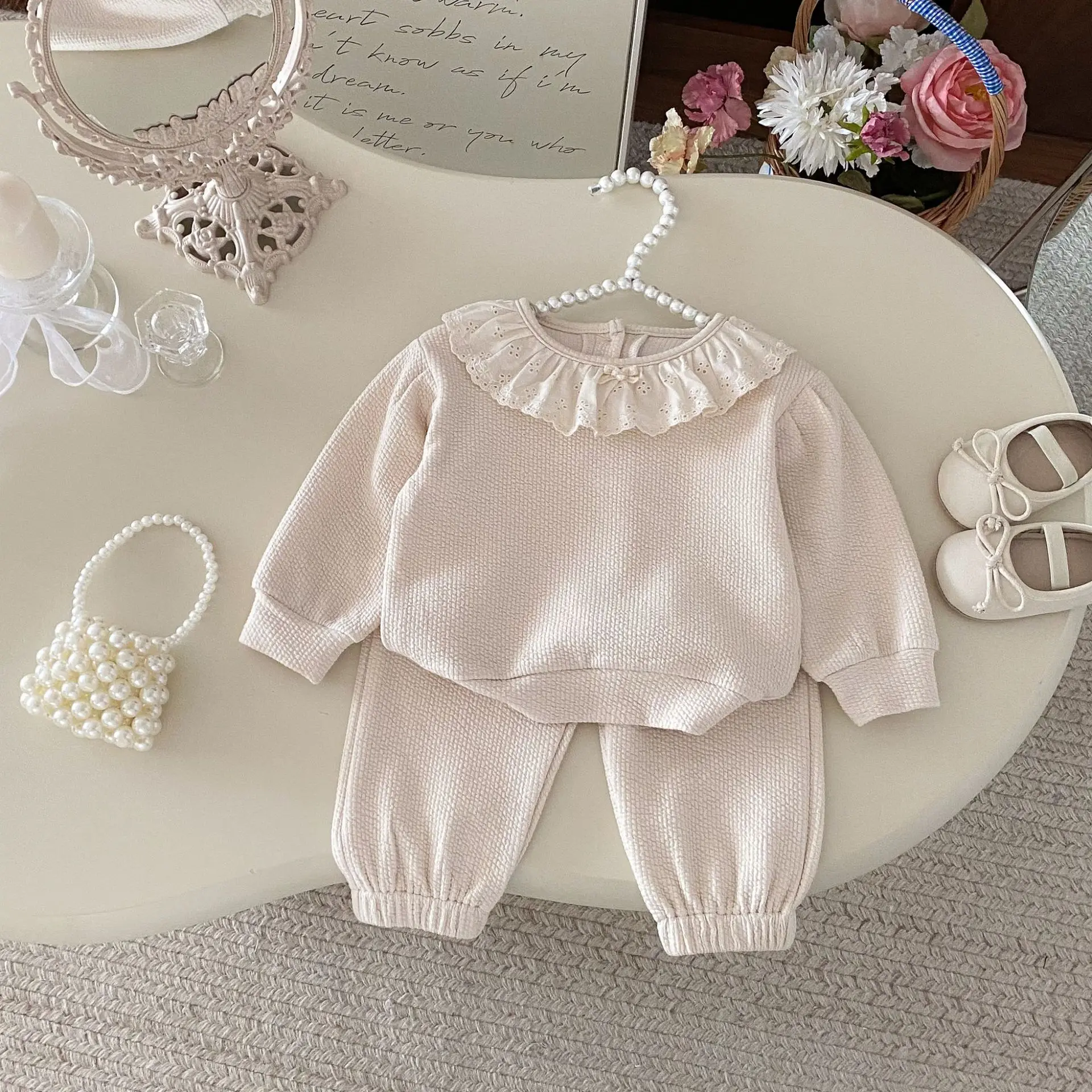 2026 Spring New Baby Long Sleeve Clothes Set Infant Girls Solid Lace Collar Sweatshirt + Pants 2pcs Suit Toddler Cotton Outfits
