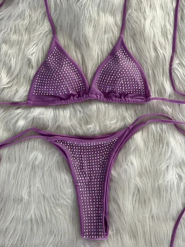 Imagen 1 del producto Bikini envolvente con lentejuelas brillantes para mujer, traje de baño con joyas, conjunto de Bikini de dos piezas, traje de baño con cuello Halter, tendencia de natación