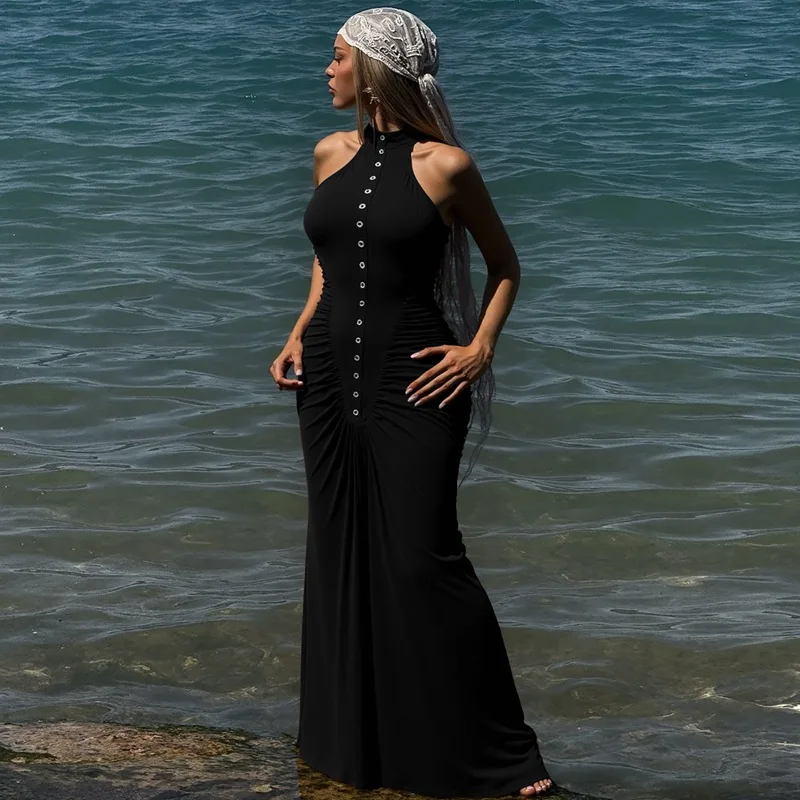 티켓엑스 패션 루치드 슬림 드레스 솔리드 뉴 라운드넥 버튼 슬리브리스 롱 드레스 여성 빈티지 백리스 비치 휴가 드레스