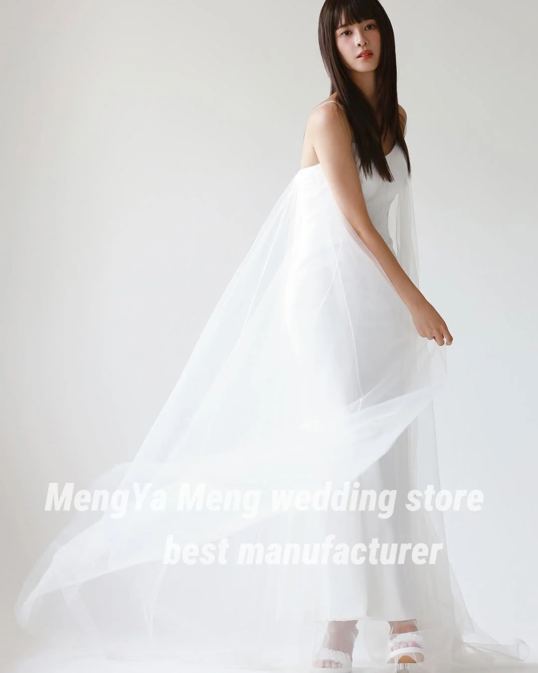 2025 elegante cinta de espaguete tule coreia vestido de casamento fotos sessão vestido espartilho sem costas plissados vestido de festa de noiva personalizado