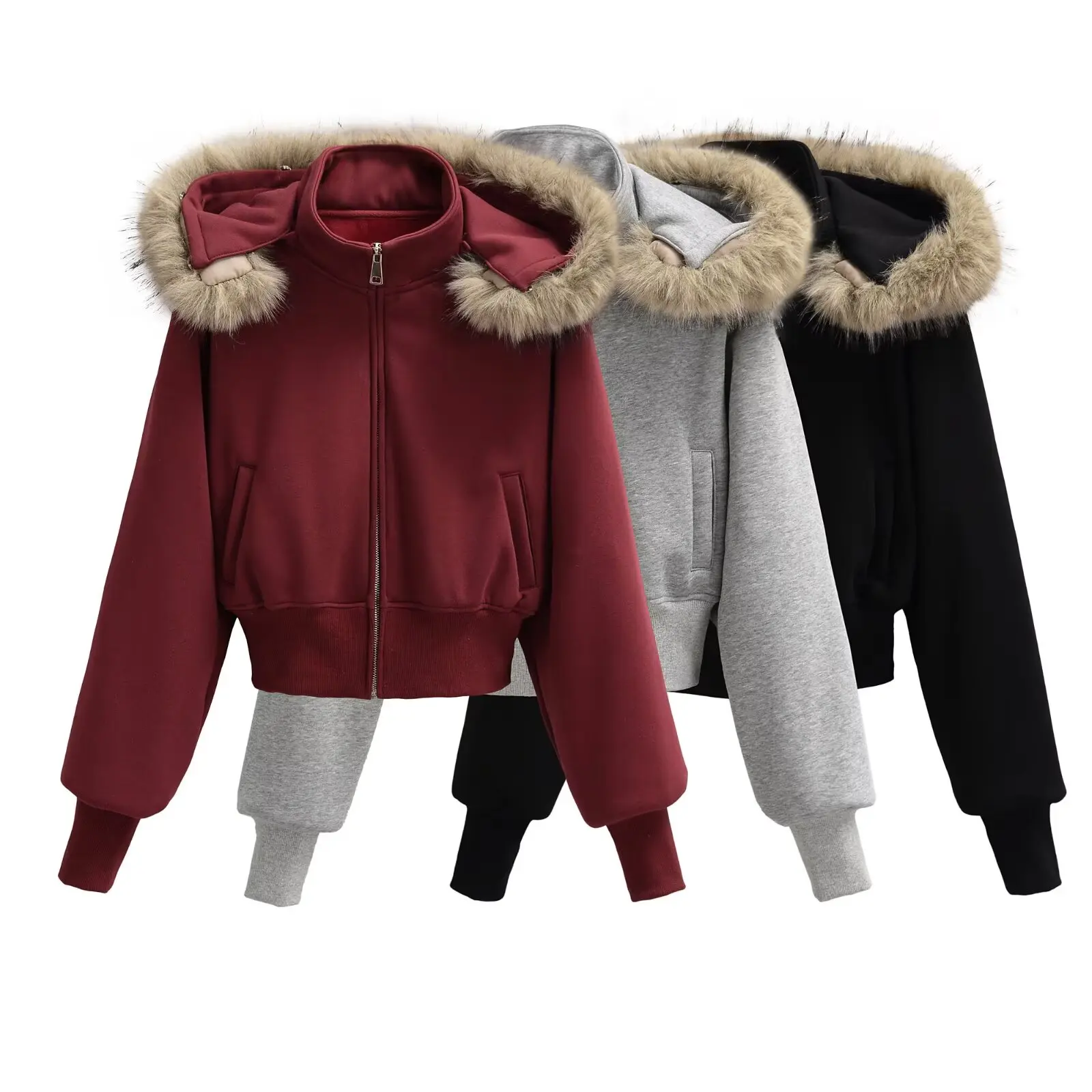 

Xiaoru American Retro Detachable Fur Collar Hooded Open Cardigan Sweatirt Winter Fce Warm Loose ort Casual Jaet