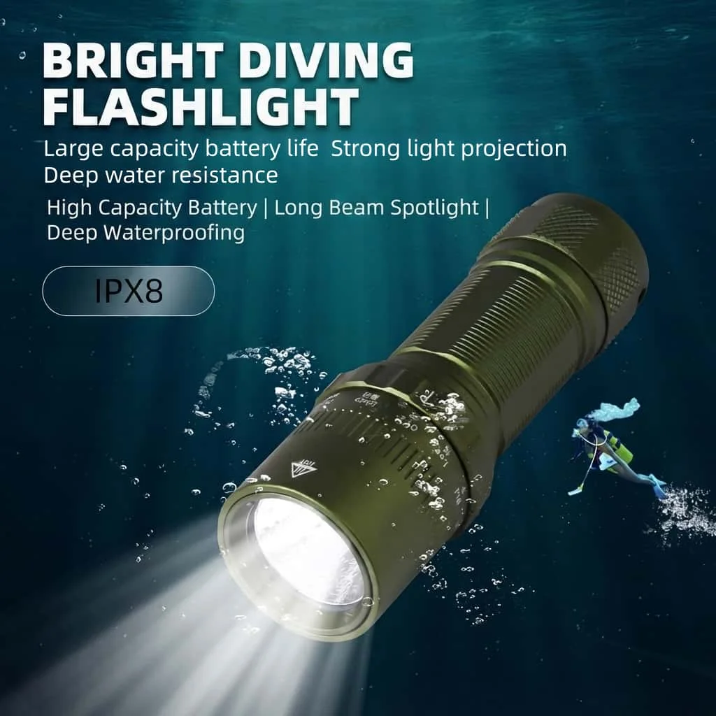 Super Bright Rechargeable Diving Flashlight, 2000LM Waterproof LED Scuba Torch with Magnetic Control for Night Diving