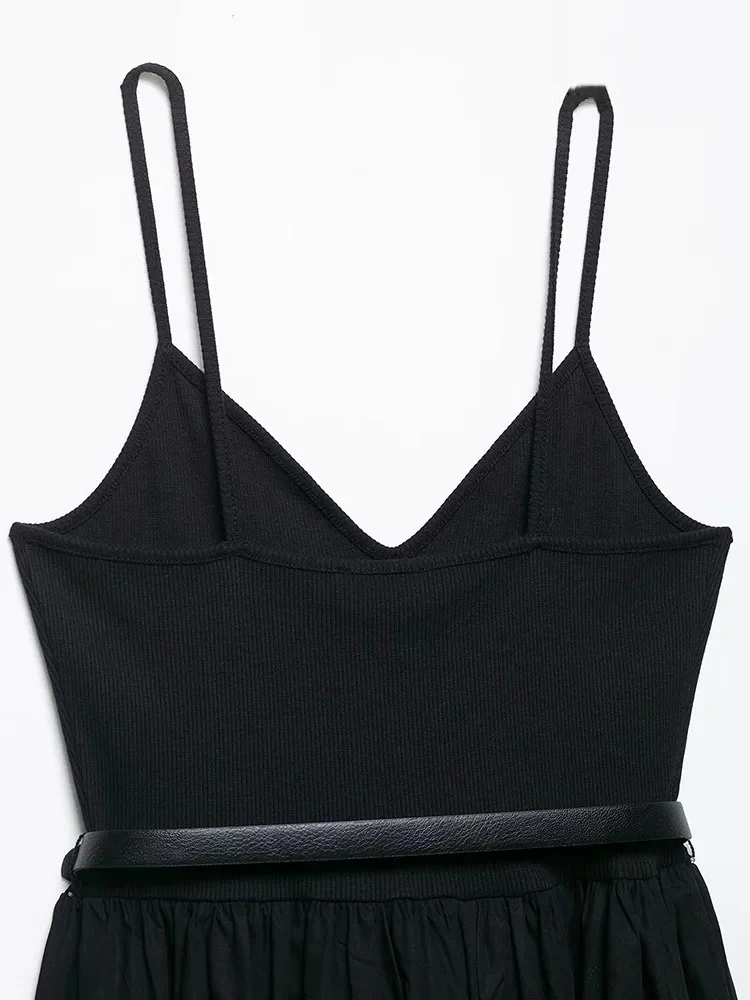 여성용 매칭 벨트 민소매 시스 드레스 기질 우아한 패치 워크 디자인 브이넥 미디 드레스 캐주얼 홀리데이 스타일 여성용