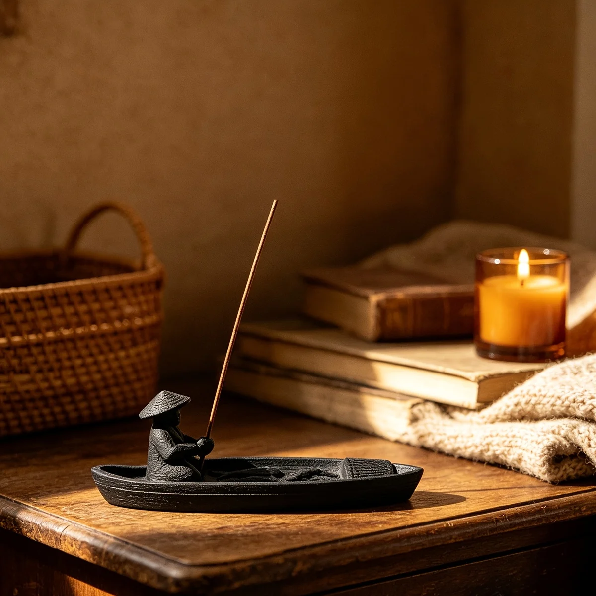 Zen Fisherman Boat Incense Stick Holder Retro Old Man Fishing Censer Mini Table Aroma Ornament for Tea Yoga Room Home Decor Gift