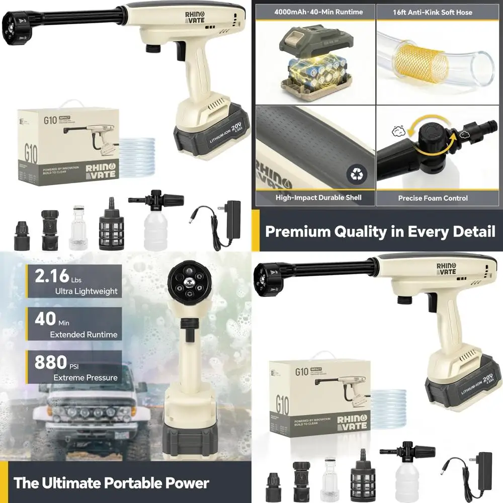 

Портативная ударная мойка высокого давления 880 PSI с аккумулятором 4.0 Ач, двойным источником воды, насадкой 6-в-1, шлангом 16 футов для автомобиля, патио и дома