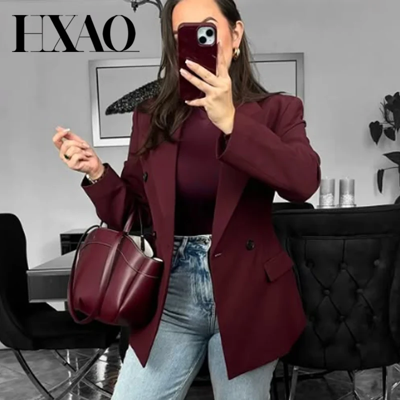 HXAO 2025 Women's Red Blazers Office Wear Woman Elegant Burgundy Fitted Outerwears Chic Suit Jacket High Quality Women's Blazer