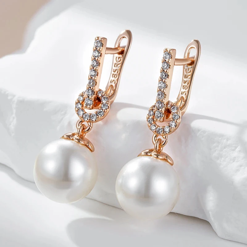 Wbmqda Elegant Pearl Drop Earrings for Women 585 Rose Gold Color With Natural Zircon Luxury Wedding Party Fine Jewelry