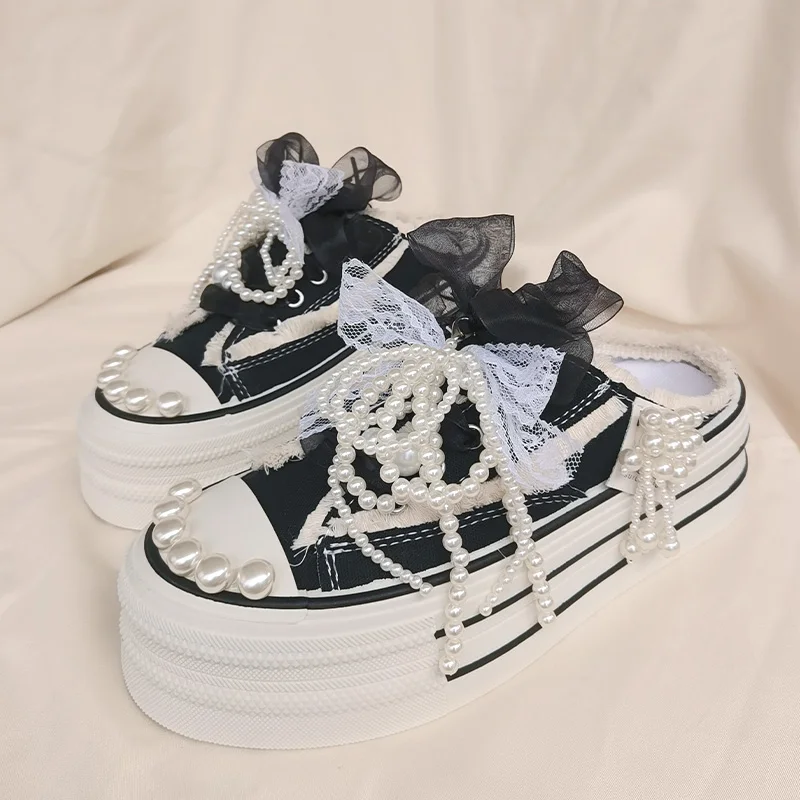 

Women's Fringe Raw Edge Lace Bow Pearl Tassel Slip on Platform Mule Canvas Sneakers Sweet Gothic Daily Party Outdoor Footwear