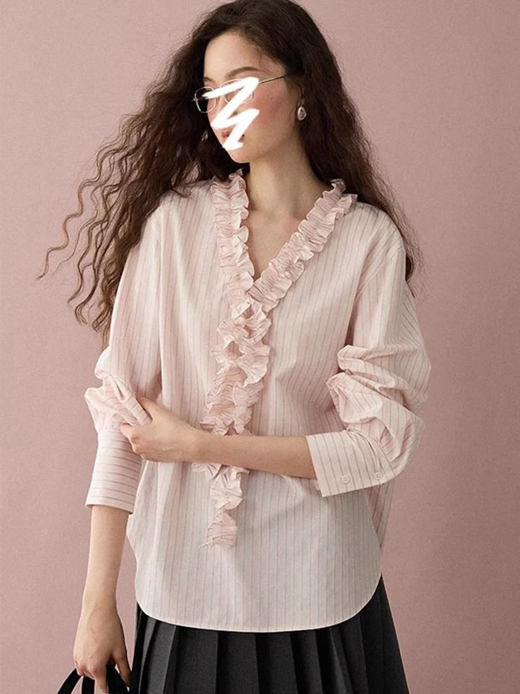 

Zoki V Neck Retro Striped Blouse Women Sweet Ruffles Long Sleeve Loose Design Shirt Casual Preppy Style Korean Lady Elegant Tops