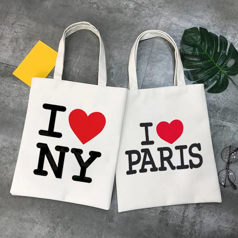 Paris New York Love Printed Shoulder Handbag Large Capacity Simple Sports Souvenir Tote Bag Travel Portable Shopping Storage Bag