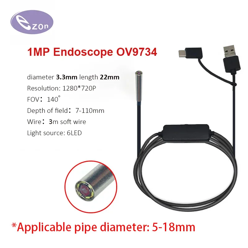 1MP Diameter 3.3mm Wide Angle FOV140︒ Endoscope 3m Soft Wire Macro Industrial Pipeline Inspection