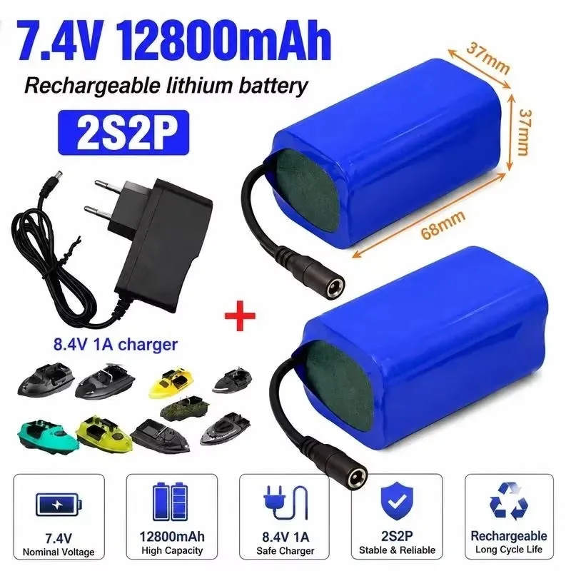 7.4V 12800mAh Lithium Ion Battery for T188 T888 Remote Control Fish Finder Fishing Bait Boat Spare Parts RC Toys Accessories