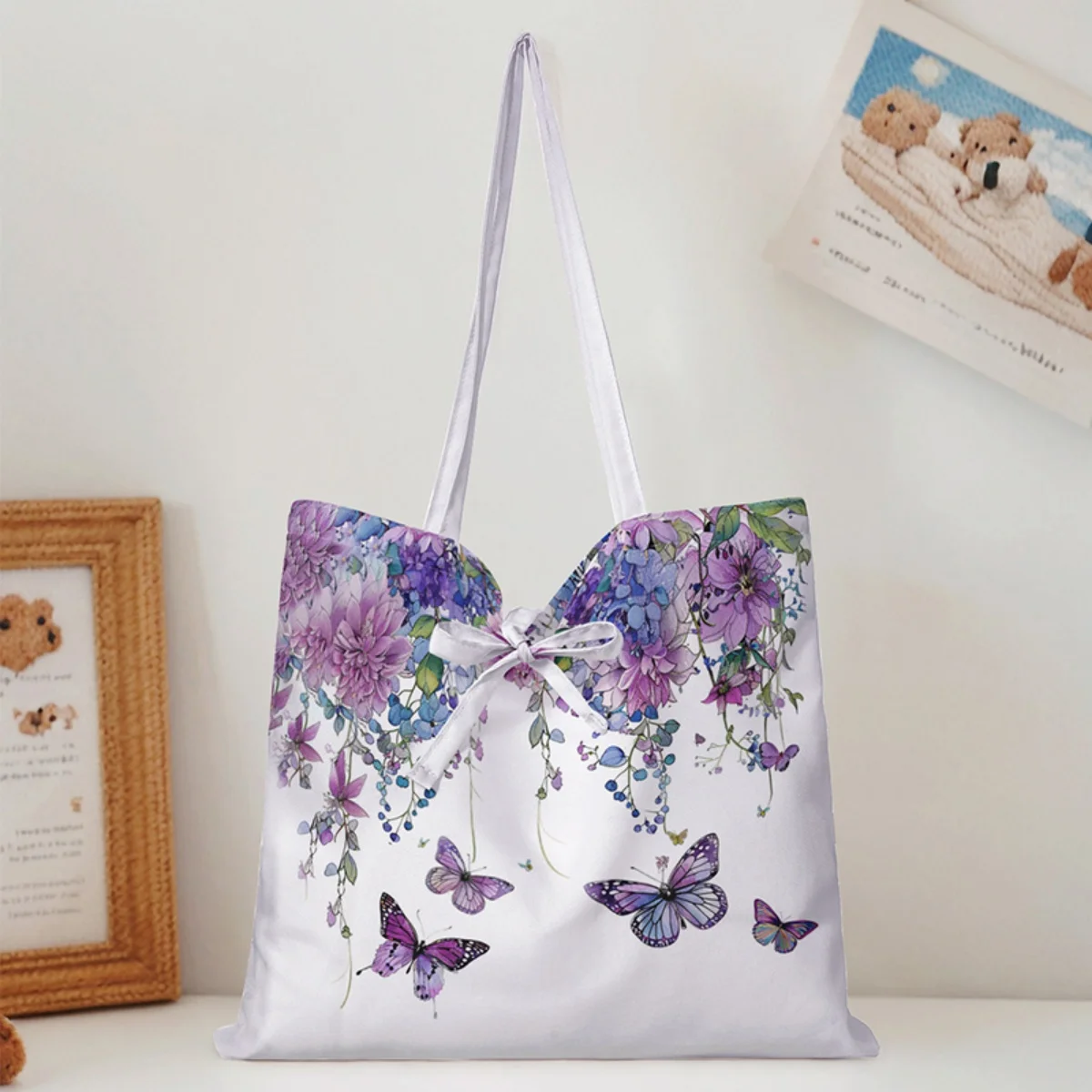 Cute Tote Bag for Women Portable Versatile Letter And Cartoon Pattern Eco-Friendly Handbag Fashionable Women's Shopping Bag