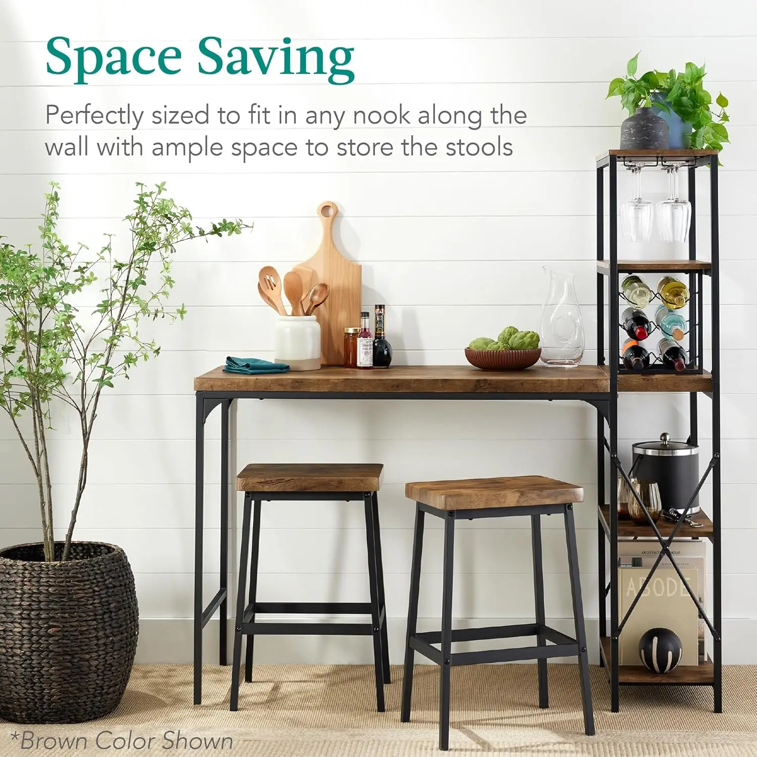 3-Piece Counter Height Dining Set, Desk, Bar, Kitchen Island Table W/ 2 Stools, Wine Rack & Storage Shelves - Black