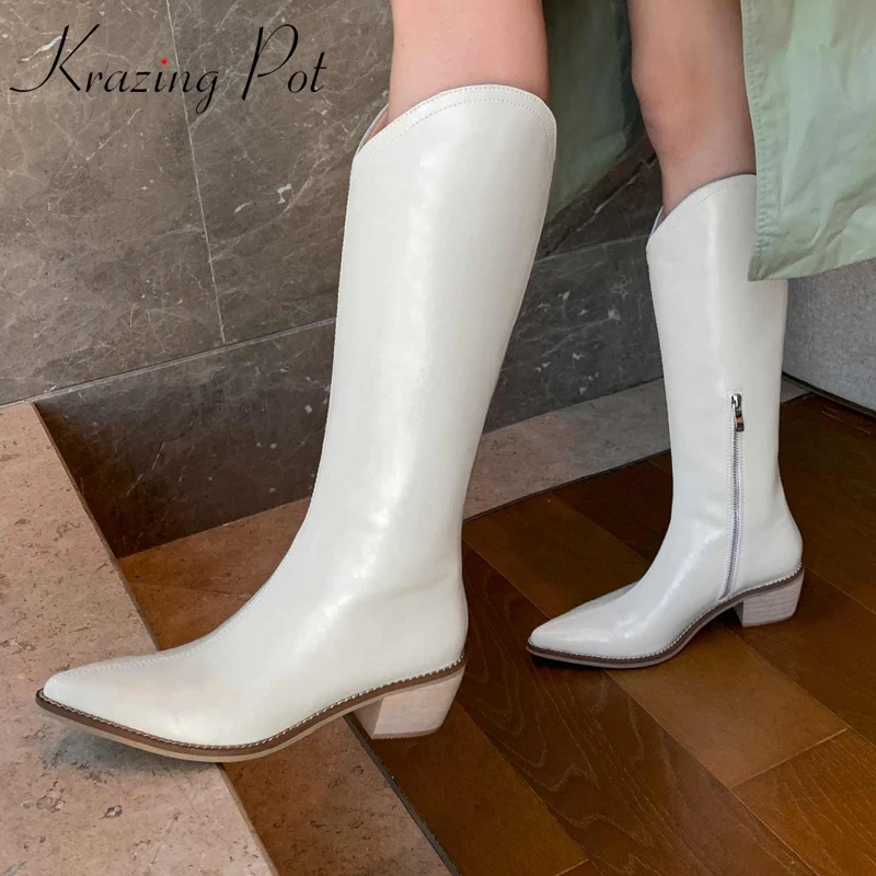 Krazing Pot 2025 inverno nuovo arrivo in pelle di mucca Chic stivali da equitazione a punta tacchi alti moda donna elegante stivali alti alla coscia